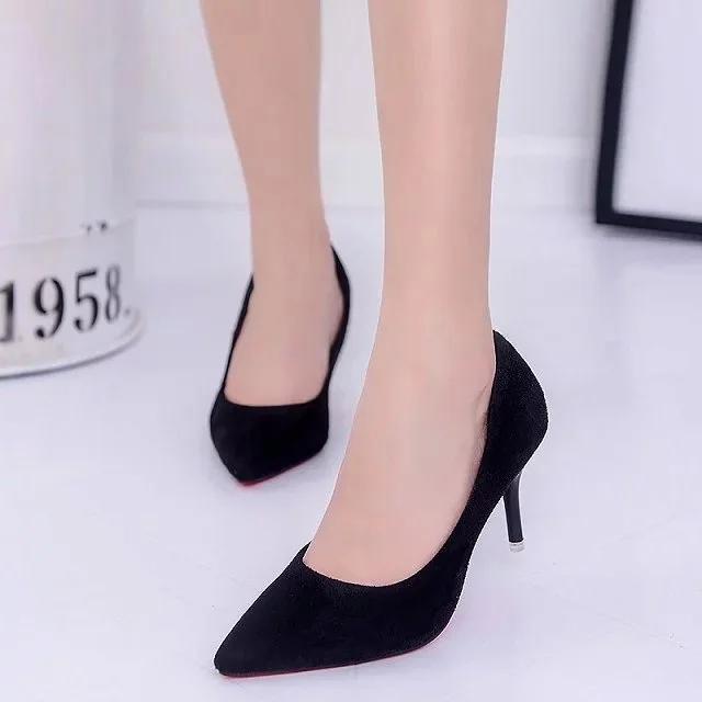 Big Size Women's Boat Shoes Faux Suede High Heels Pointed Toe Pumps Stilettos Basic Pump for Female White Black Red Pink Blue