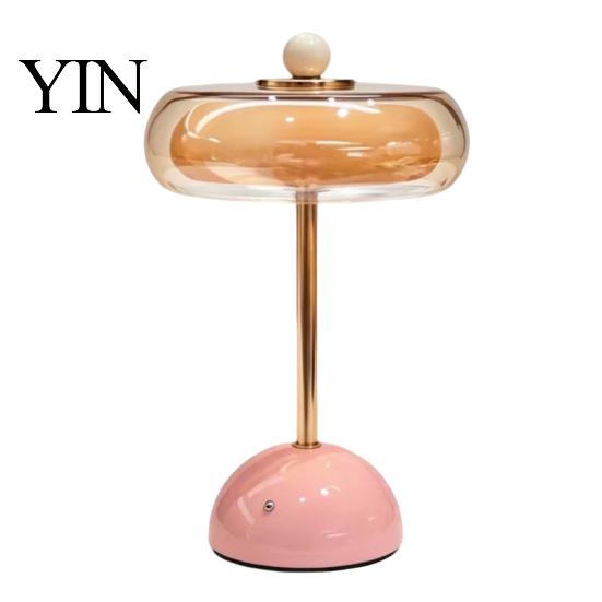 Adjustable Brightness Office Light Retro Glass Mushroom Table Lamp, USB Rechargeable Touch Control Bedside Modern Aesthetic Room Lamp 3 Colors