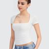 Women Tee Shirt Square Collar Short Sleeve Pullover Tops Slim Fit Solid Color T-shirt