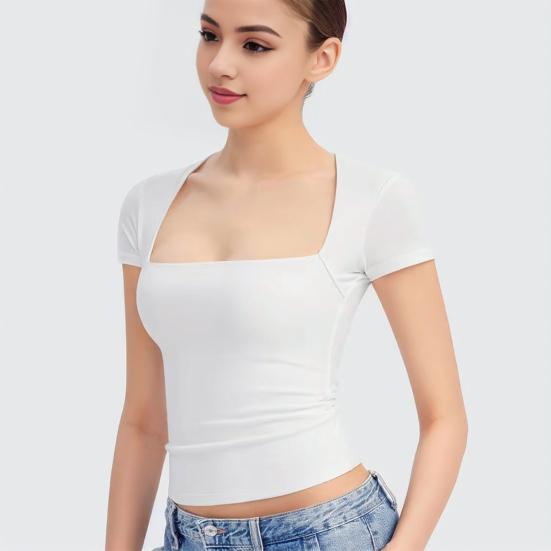 Women Tee Shirt Square Collar Short Sleeve Pullover Tops Slim Fit Solid Color T-shirt