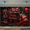 2D Black Red Rose Champagne Gift Box Birthday Backdrop Red Heart Balloon Photo Background Banner