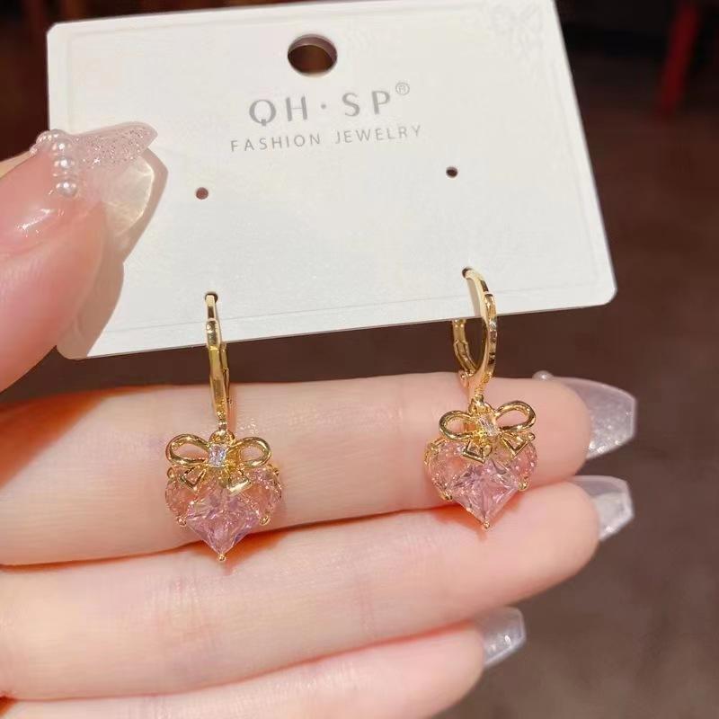 Unique Design Exquisite Pink Love Zircon Earrings for Women 2023 New Elegant Fashion Sweet Earring Trend Jewelry Party Gift