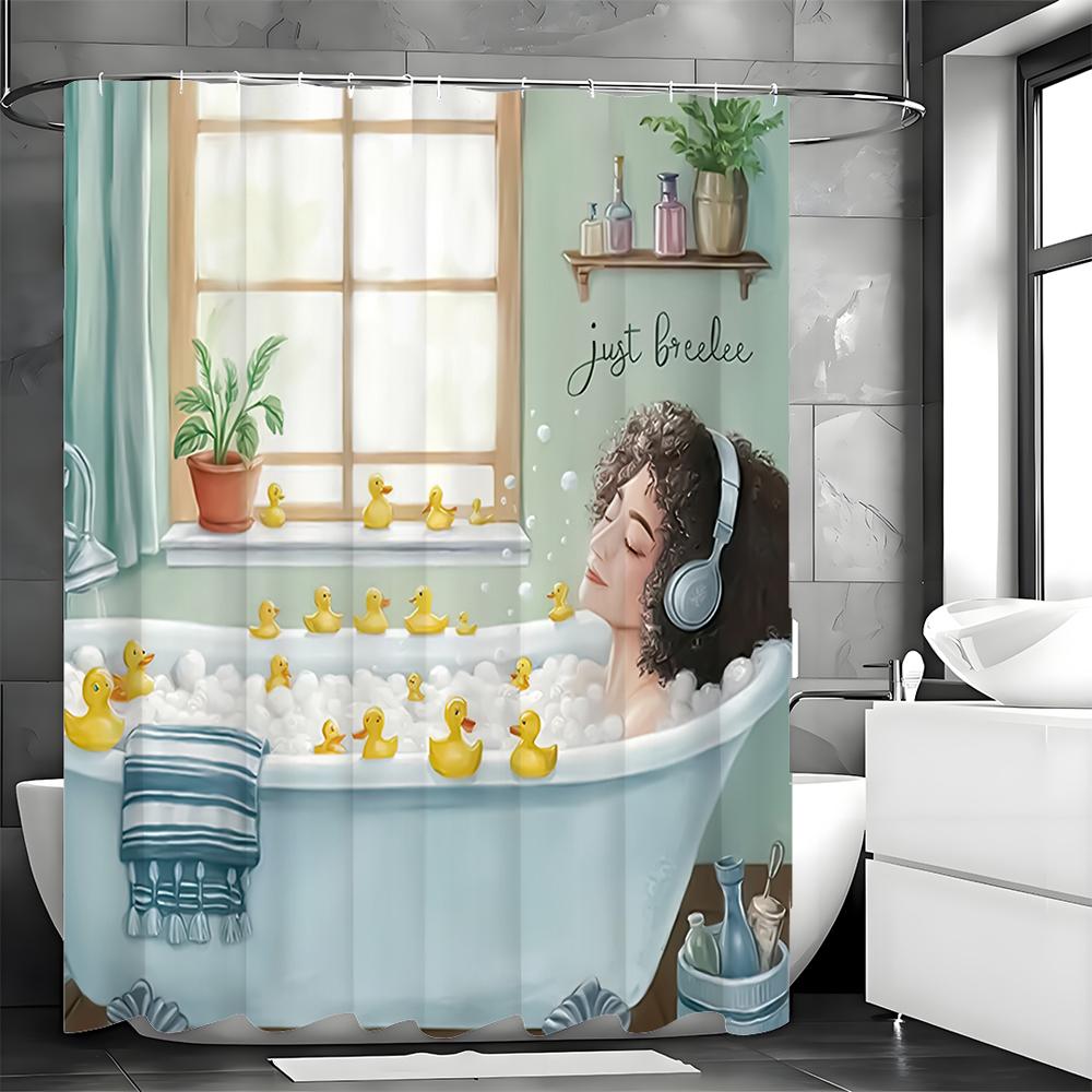 Pleasant Woman Re-Soaking Bath Small Yellow Duck Shower Curtain, Bathroom Decorative Shower Curtain, Waterproof Shower Curtain W