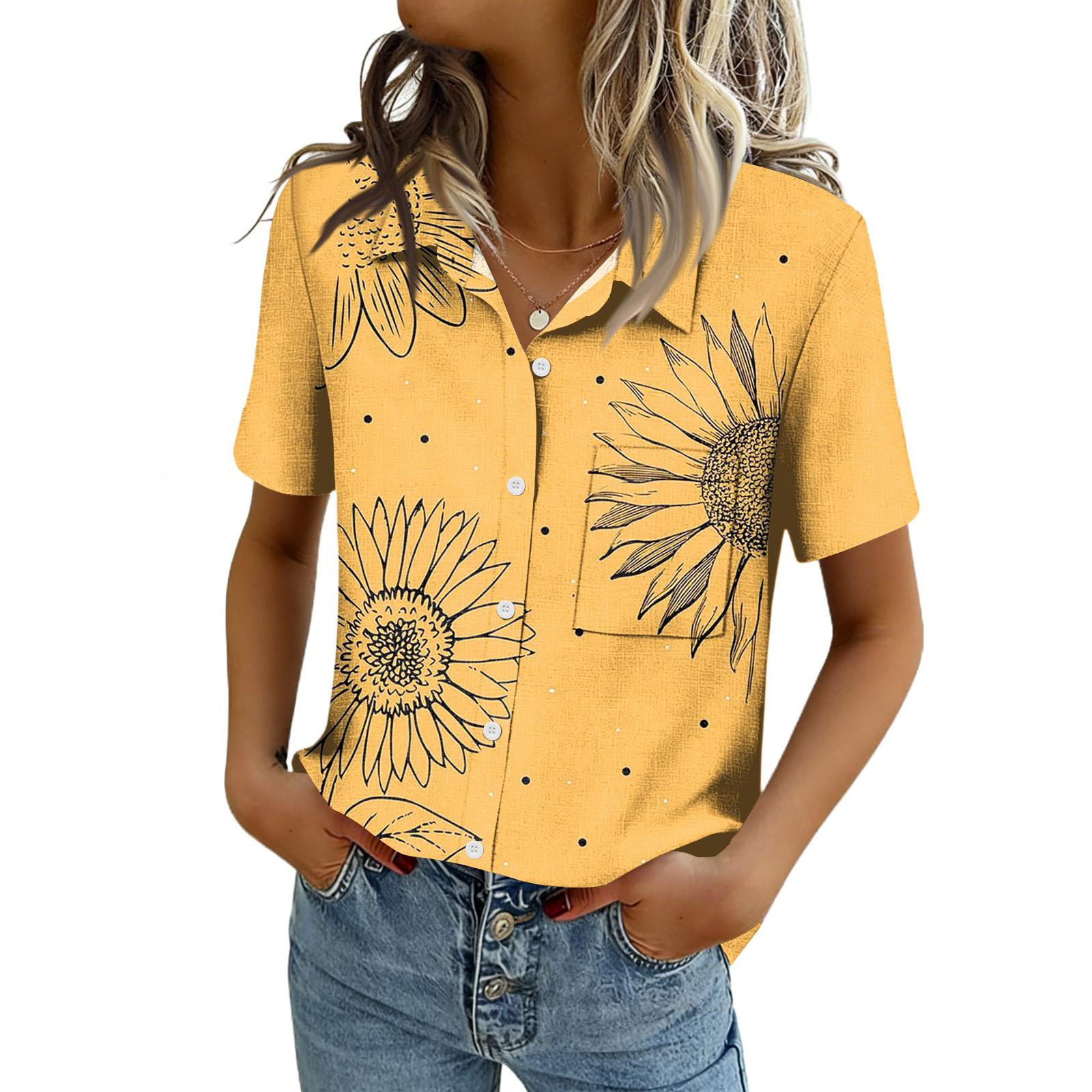 

Women Blouses Short Sleeve Button Down Shirts Business Casual Dressy Work Tops Summer Spring Clothes XL жовтий