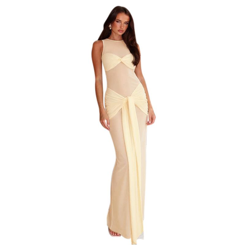 Summer New Sleeveless Mesh Crew Neck Temperament Long Dress European and American Style Fish Tail Streamer Slim Hip Dress
