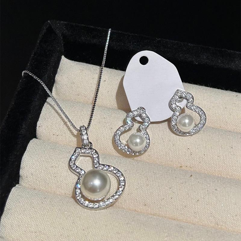 Silver needle zircon pearl gourd earrings necklace set stud earrings personalized design jewelry women