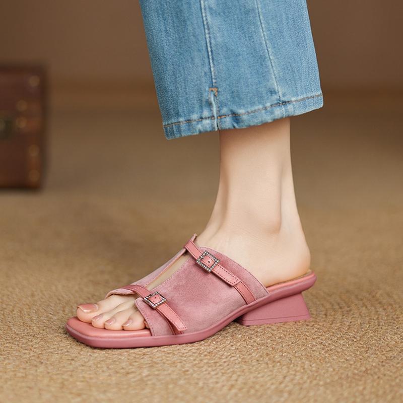 Fashion NEW Summer Women Slippers Square Toe Chunky Heel Shoes Sheep Suede Leather Shoes for Women Belt Buckle Sandals Modern Slippers