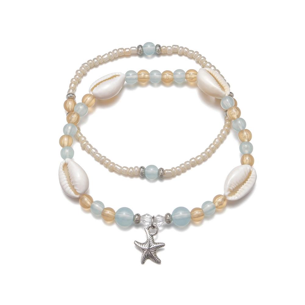 Imitation Shell Double-Layer Anklet, Boho Style Starfish Pendant Anklet, European and American Beach Vacation Accessory