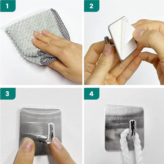 4Pcs Hanging Hook Punch Free Self-adhesive Traceless Stainless Steel No Damage Wall Adhesive Hook Towel Holder Daily Use