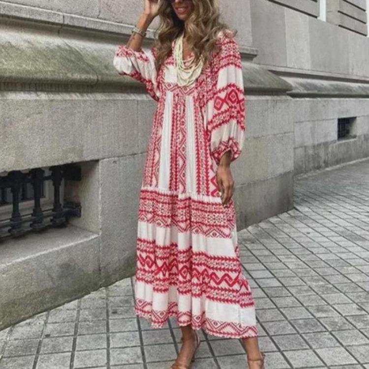 European American Women Maxi Dress Geometric Puff Sleeve Street Style