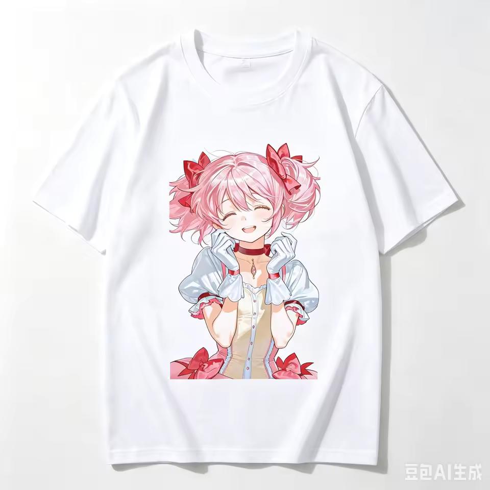 Madoka Kaname Magical Girl Costume Smiling Bust Anime Cutout Graphic Crew Neck Short Sleeve Comfortable Women And Men T shirt