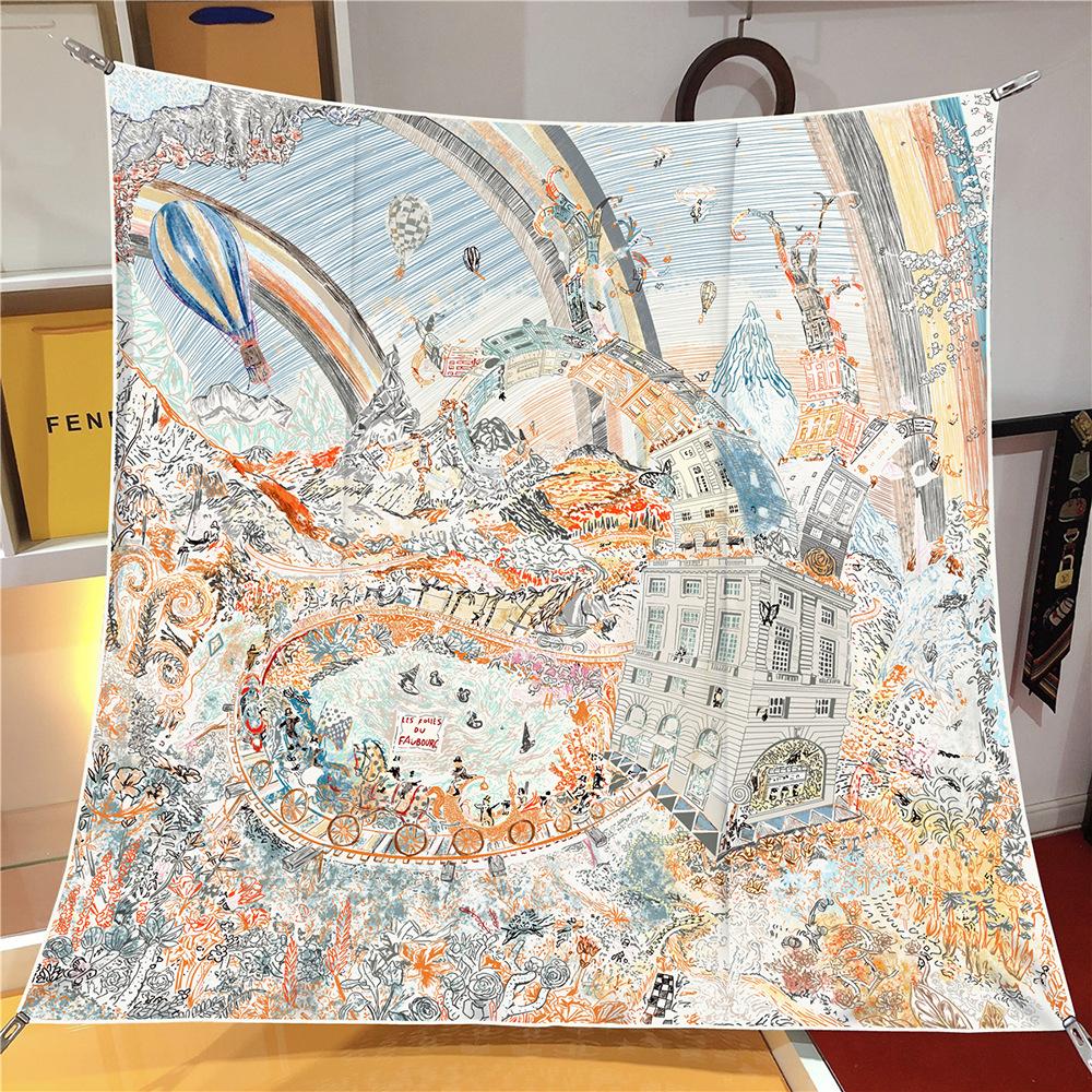 90CM Silk Scarf Women Foreast City Print Square Scarves Head Echarpes Silk Foulards Femme Wraps Beach Shawls Bandana Lady Hijabs