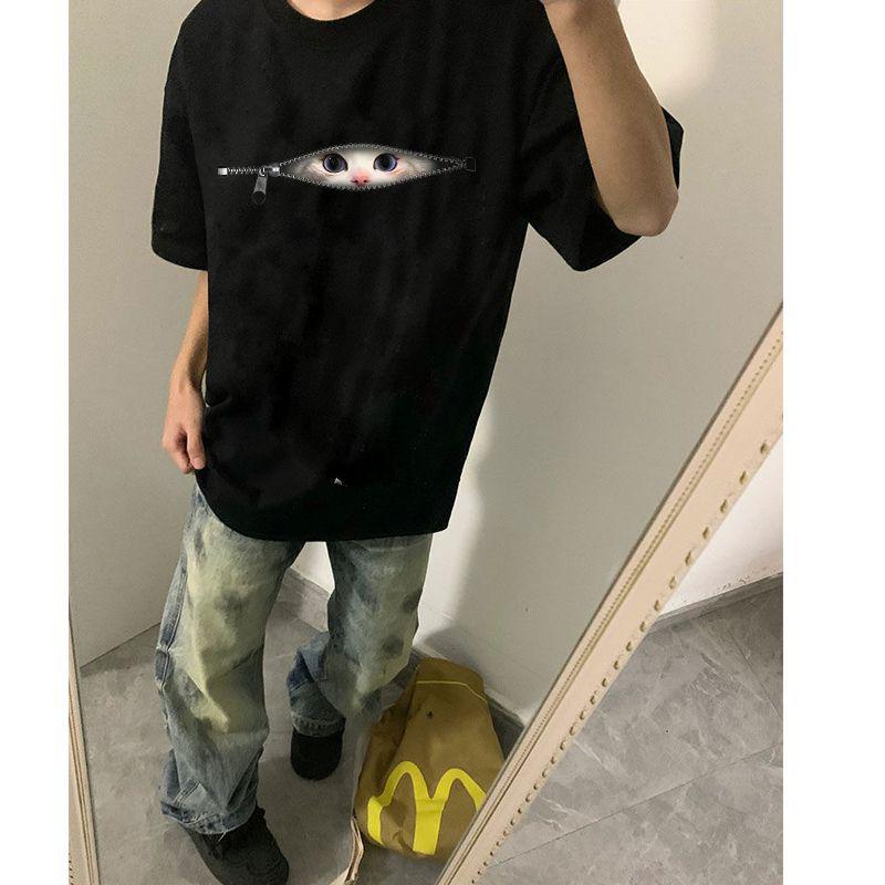 

Unisex Cat Print Zipper T-Shirt - 260g Short Sleeve, Versatile Lazy Style Top 3XL