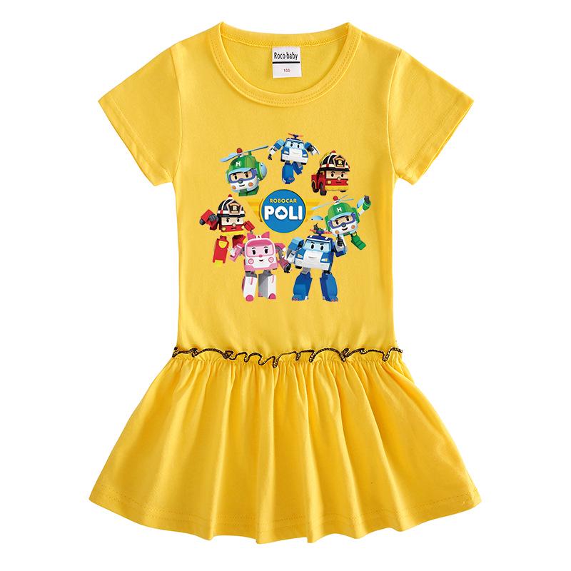 Summer Cartoon Raglan Color Block Pleated Dress for Girls - Stylish Short Sleeve Ruffle Skirt