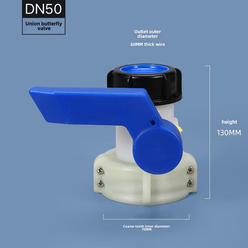 

Комплект клапанів для 1-тонної бочки IBC: Кислото- та лугостійкі дискові та кульові крани, DN50, для випуску з пластикових бочок.