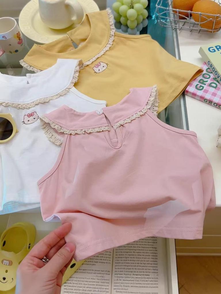 Summer Girls' Embroidered Cat Short Sleeve Pure Cotton Doll Collar Top