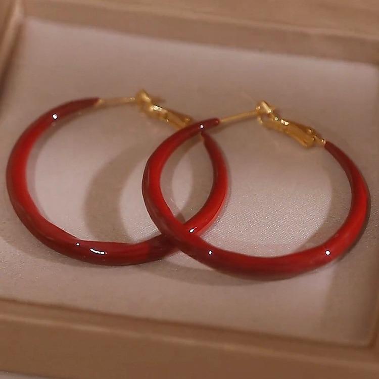 Red Round Hoop Oil Painting Earrings – Elegant, Simple, Luxury Design.