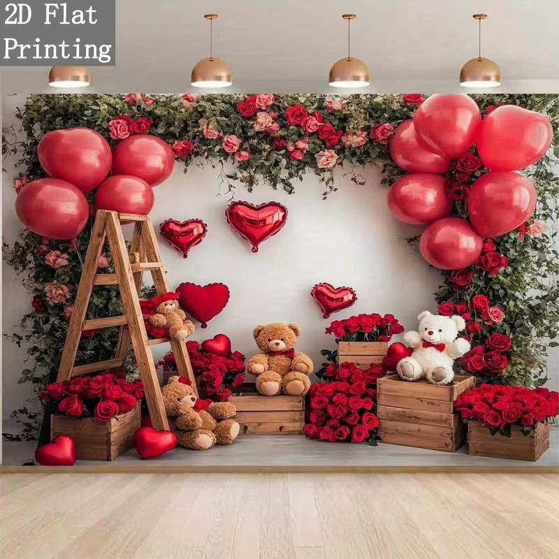 

2D Valentine Teddy Bear Tapestry, Red Roses & Balloons Wall Hanging 47.2x31.5inch/120*80cm