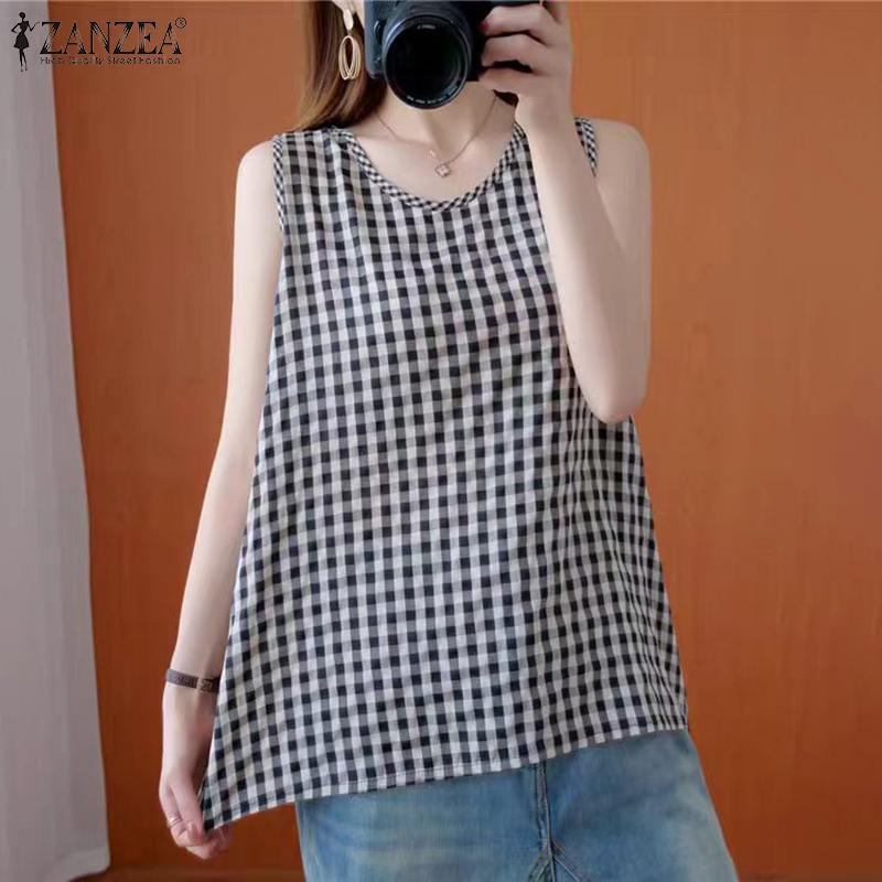 

ZANZEA Женские повседневные майки с круглым вырезом без рукавов в клетку, прямые и свободные 5XL