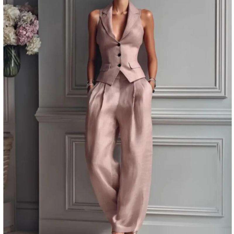 Summer Fashion Women's Two-piece Sexy V-neck Button Vest Fashion Casual Set