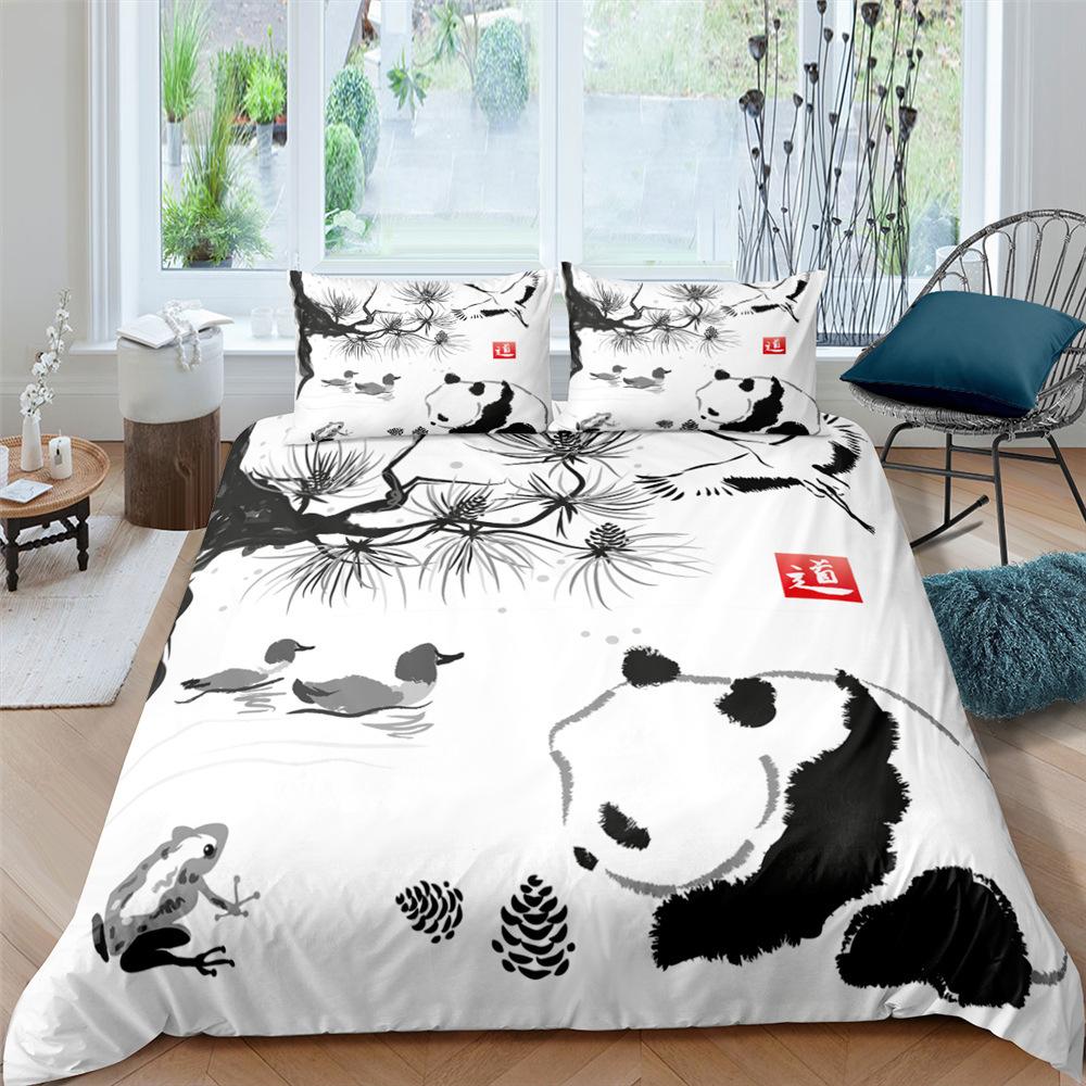 Panda Duvet Cover Set King Queen Cute Animal Different Poses Bamboo Branch Bedding Set Black White 2/3pcs Polyester Quilt Cover