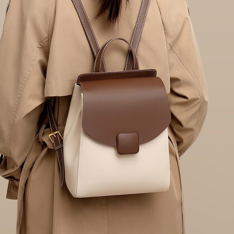 Womens Genuine Leather Small Backpack Travel Commute College Student Daily Use Soft Shoulder Bag With Zippered Pockets