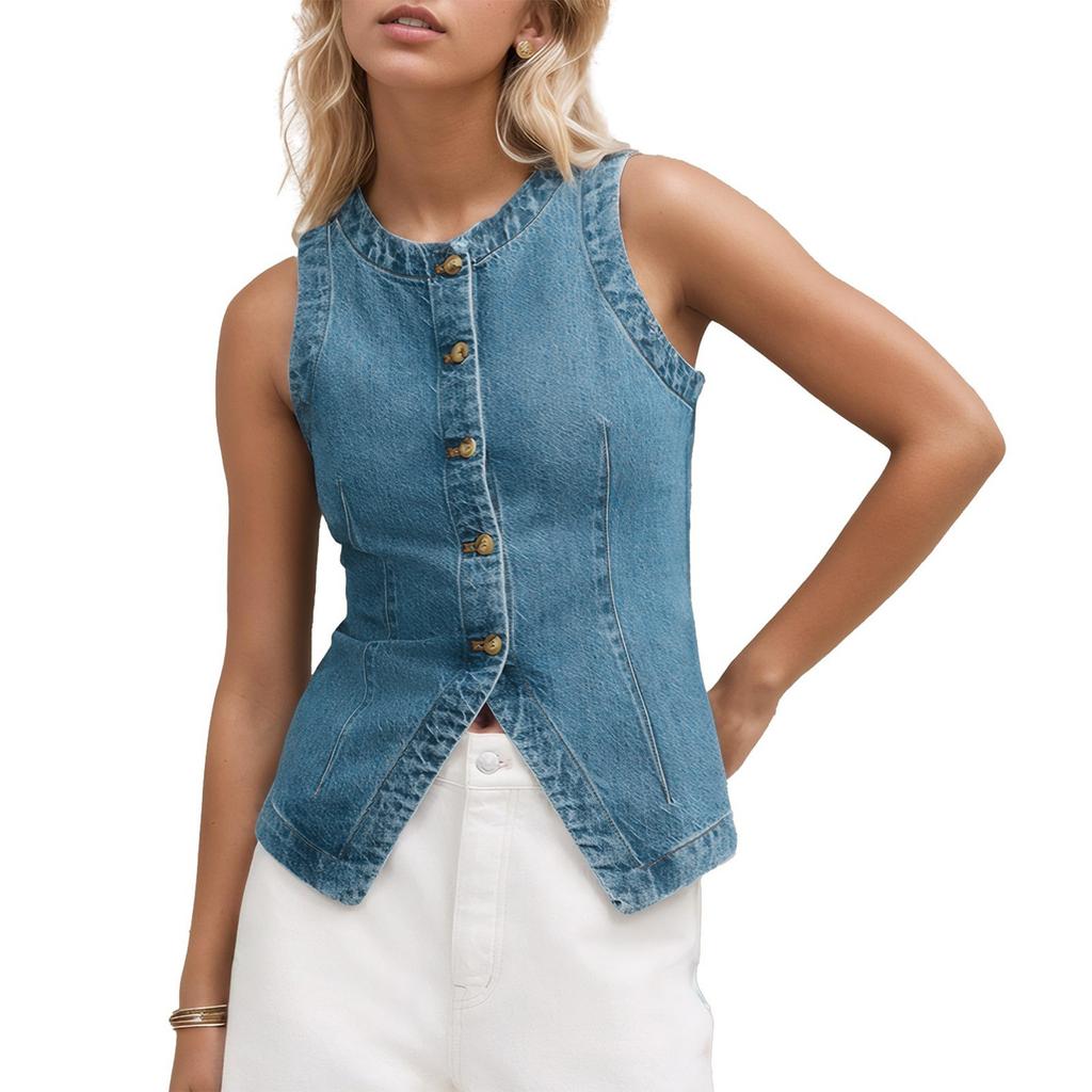 Women's Fashion Casual Sleeveless Button Down Denim Waistcoat