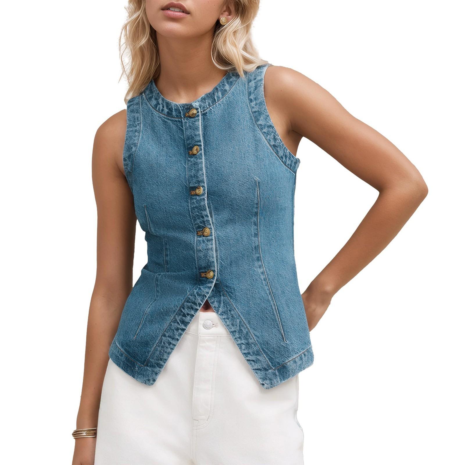 

Женский модный повседневный джинсовый жилет без рукавов на пуговицах XL светло-синий
