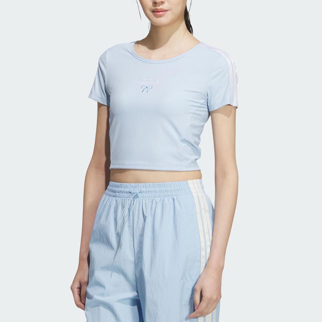 Adidas Rib Slim Baby T-Shirt Round Neck Short Sleeve Women Tops Blue White KE5792