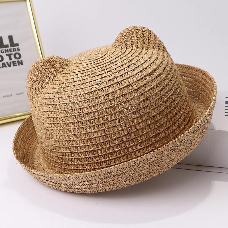 Summer Children Straw Hats For Boy Girl Cute Ears Kids Baby Panama Shades Beach Hat Unisex Breathable Dome Brim Rolled Sun Caps