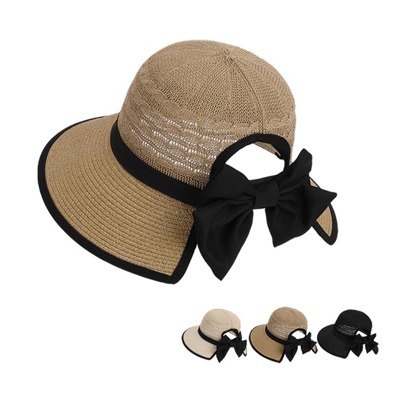 8484Summer hat girls' versatile bow-tied ponytail hole large eaves straw hat, outdoor outing sun hat