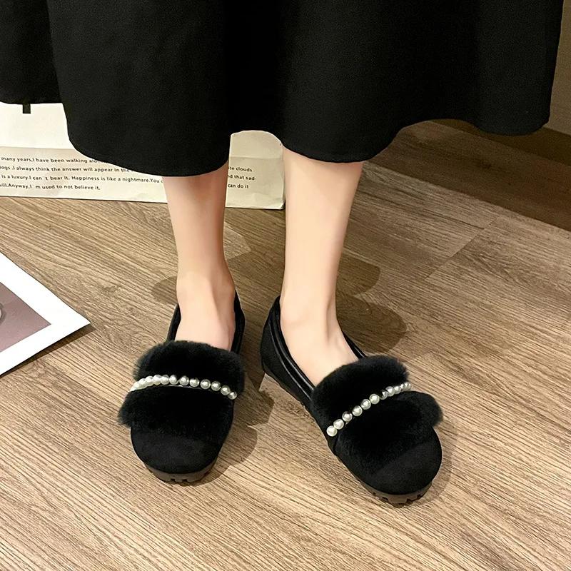 2024 Women Fur Round Toe Flats Slip On Shoes for Woman Winter Plush Warm Boots Femme Cotton Loafers Mary Jane Plus Size Mujer