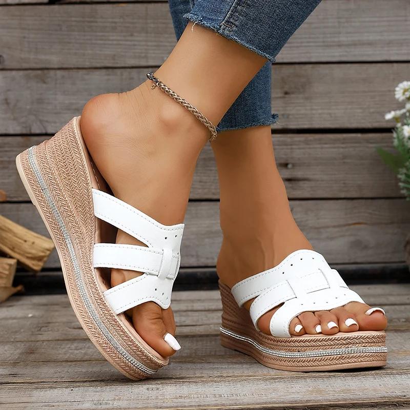 Fashion Thick Sole Wedge Sandals for Women PU Leather Woven Chunky Platform Slippers Woman Summer Thick Sole Beach Shoes Slides