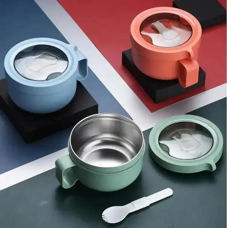 Balde de isolamento de alimentos de aço inoxidável de 450 ml, talheres dobráveis portáteis, lancheira de colarinho branco para estudantes, selada e à prova de vazamentos