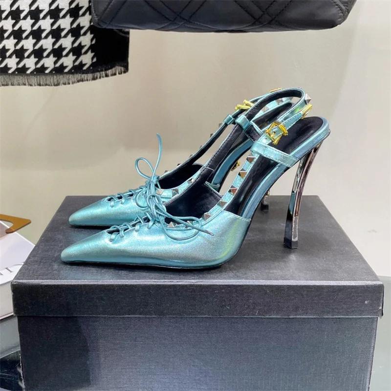 Fashion 2024 Brand Devise Rivet Bowknot Women's Sandals Fashion Sexy Slim Frenulum Sandals European American Banquet Nightclub 45 Shoes