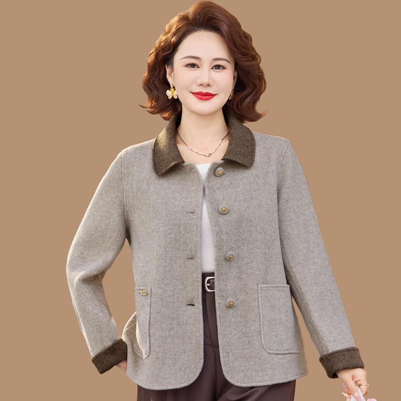 Mom's Spring Woolen Double-Sided Coat: Elegant, Mid-Aged Women's Loose Lapel Top for Spring/Autumn