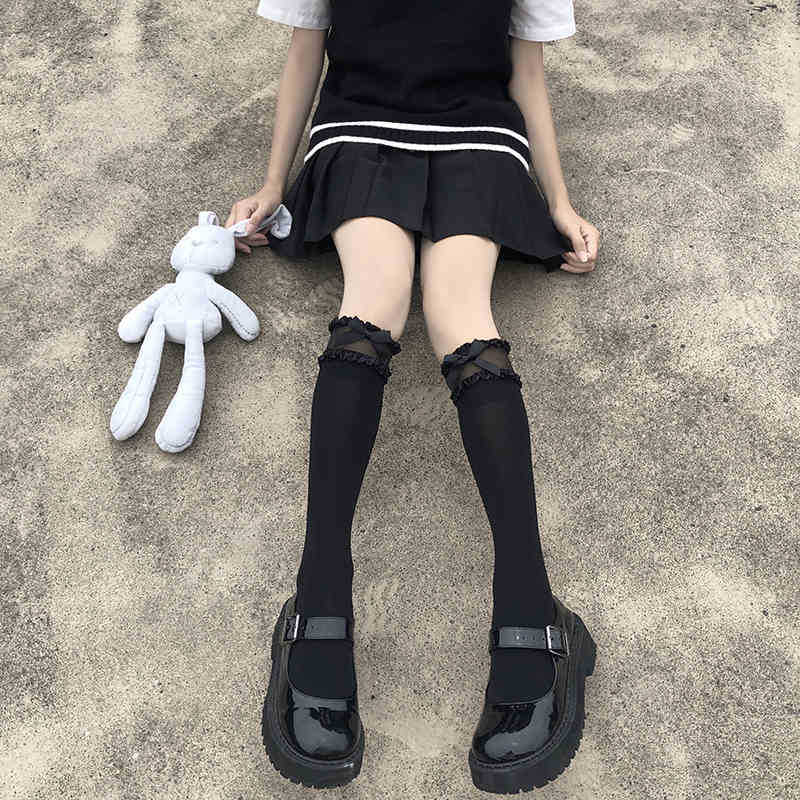 Women's Double Layer Lace Trim Knee High Socks with for Summer