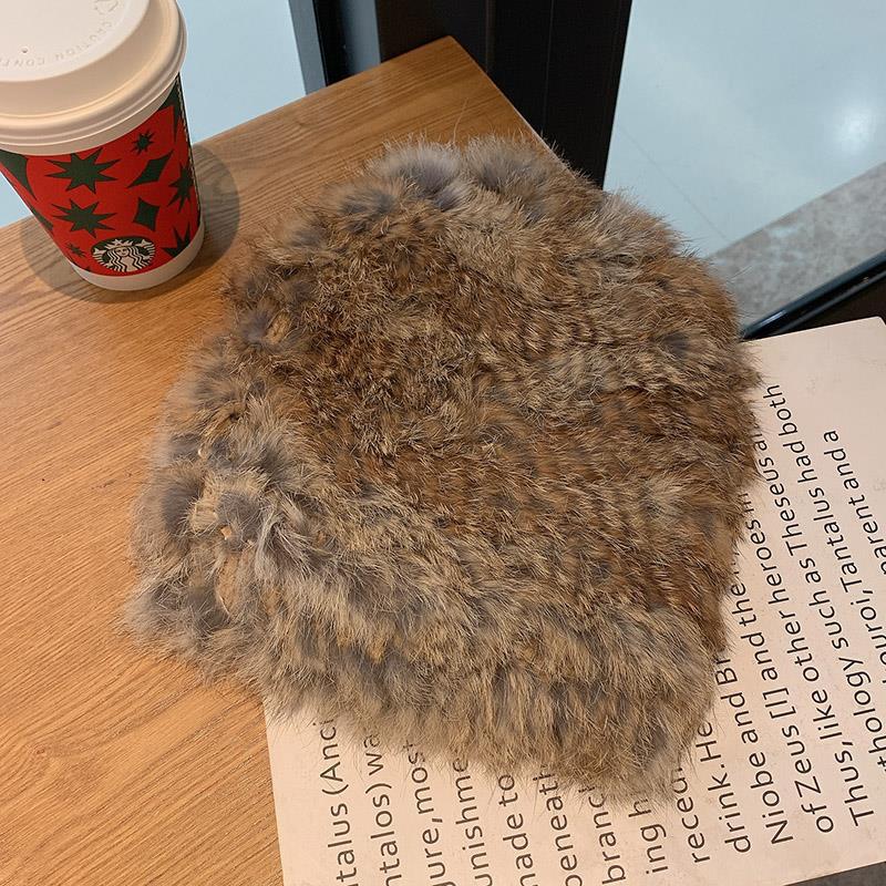 Thickened and Warm Real Rabbit Plush Fur One Piece Knitted Hat for Women In Winter  Versatile Knitted Toe Cap Woolen Hat for Cold Protection
