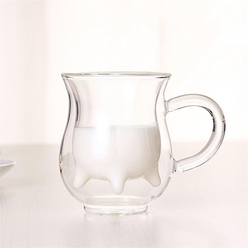 Cană de sticlă în formă de vacă, rezistentă la căldură, cu strat dublu – ceașcă transparentă pentru lapte, suc și cafea