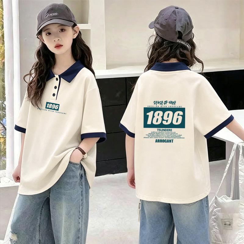 Trendy Girls' Cotton Polo Shirt - Summer 2026 Patchwork Lapel Short Sleeve Tee for Medium and Large Children
