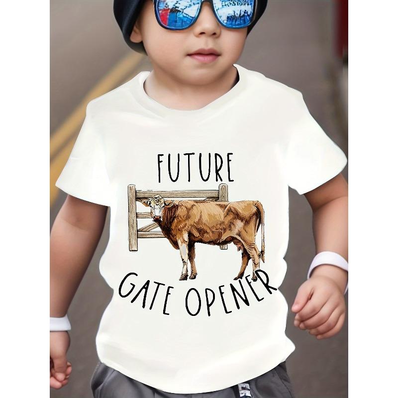 

European sizes Letter And Cow Print Boys Creative T-shirt, Casual Lightweight Comfy Short Sleeve Tee Tops, Kids Clothings For Summer 134cm білий