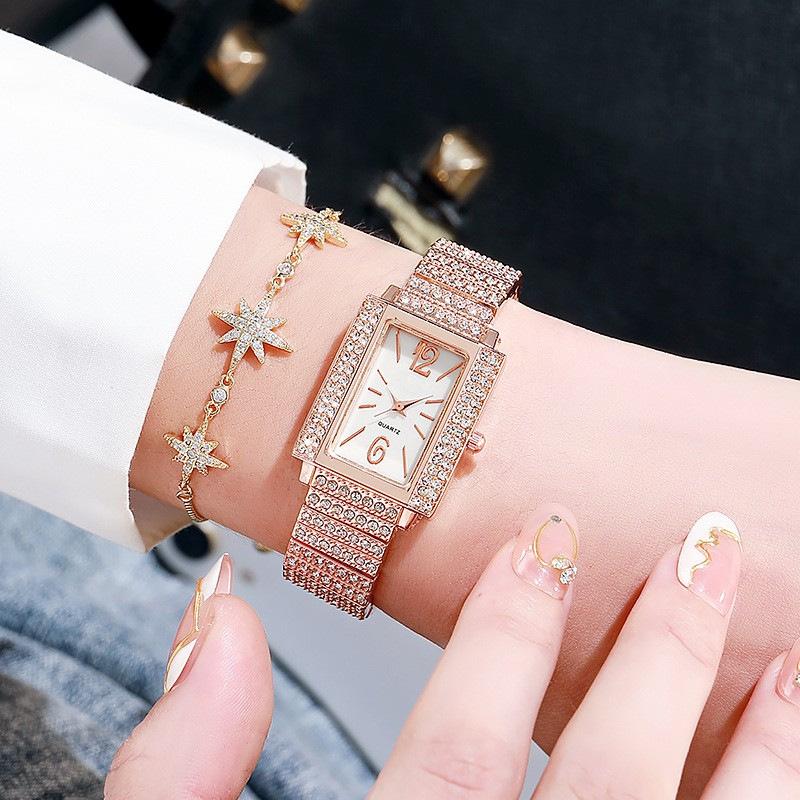 Ladies Watch Rhinestone Small Square Surface Glossy Quartz Watch Casual Simple Full Diamond Temperament Watch Women