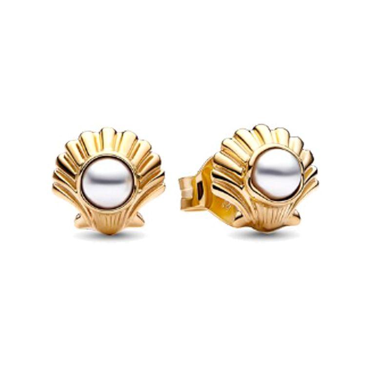 Pandora Disney Little Mermaid Shell Pearl Earrings Women earrings Gold 262686C01 Box