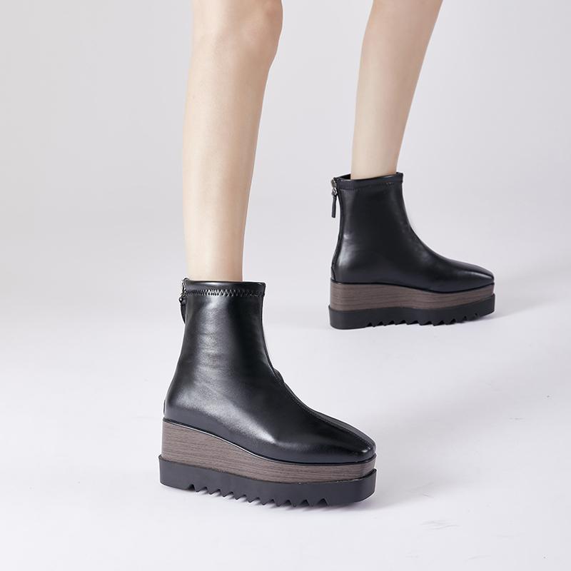 Fashion 8cm Chunky Platform Boots Womens High Heels Winter Warm Ankle Boots Casual Back Zipper Wedges Creepers Black Ladies Boots