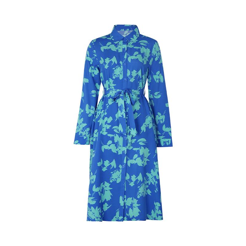 Frühling und Herbst Damenkleid Temperament Elegantes Langarm Revers Bedrucktes Kleid