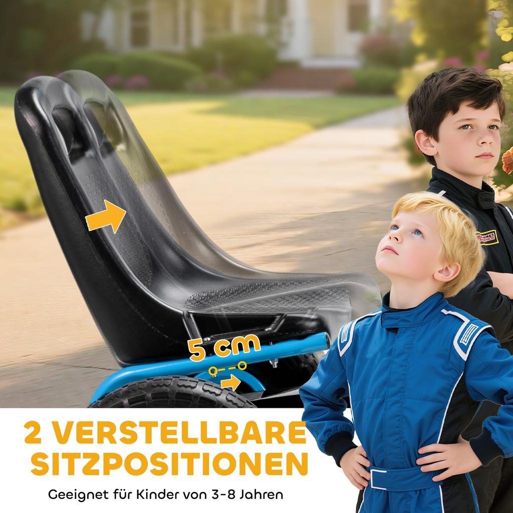 Go-kart a pedali per bambini con sedile regolabile, pneumatici in EVA, frizione manuale, freno, Go-kart per bambini 3-8 anni, Blu