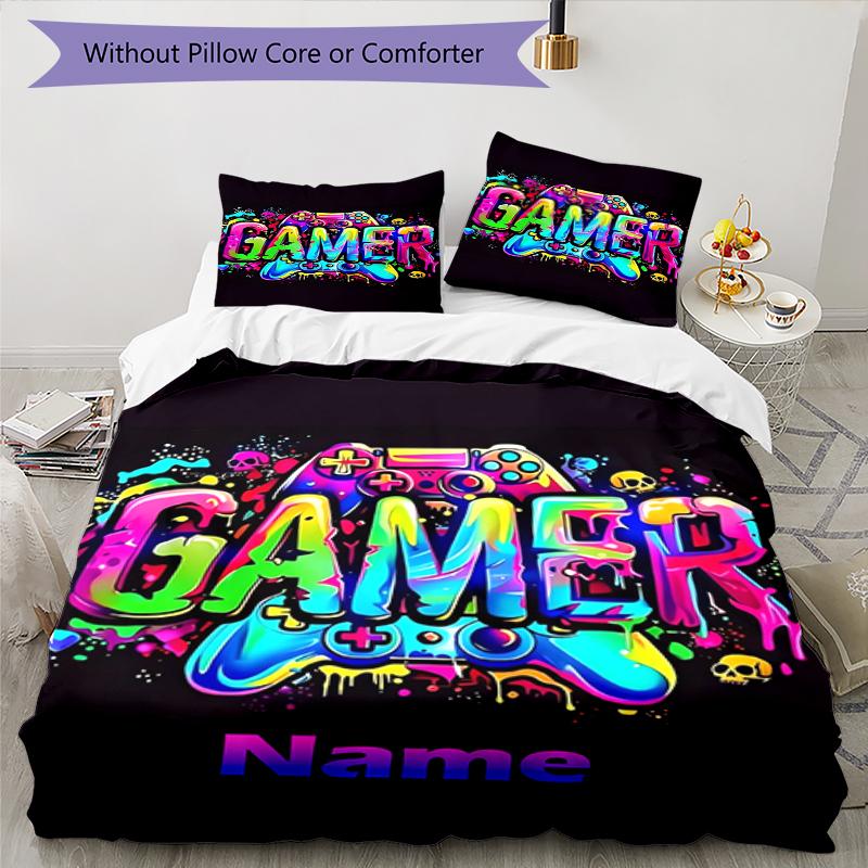 3pcs Custom Name Game Controller Bedding Set Duvet Cover Closure Includes 1 Duvet Cover & 2 Pillowcases, Soft and Comfortable for All Seasons.