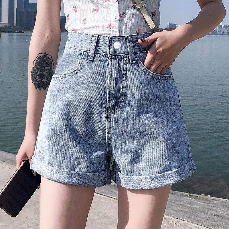Women’s 2021 High-Waisted Denim Shorts - Korean Style Slimming Wide-Leg with Rolled Hem for Summer