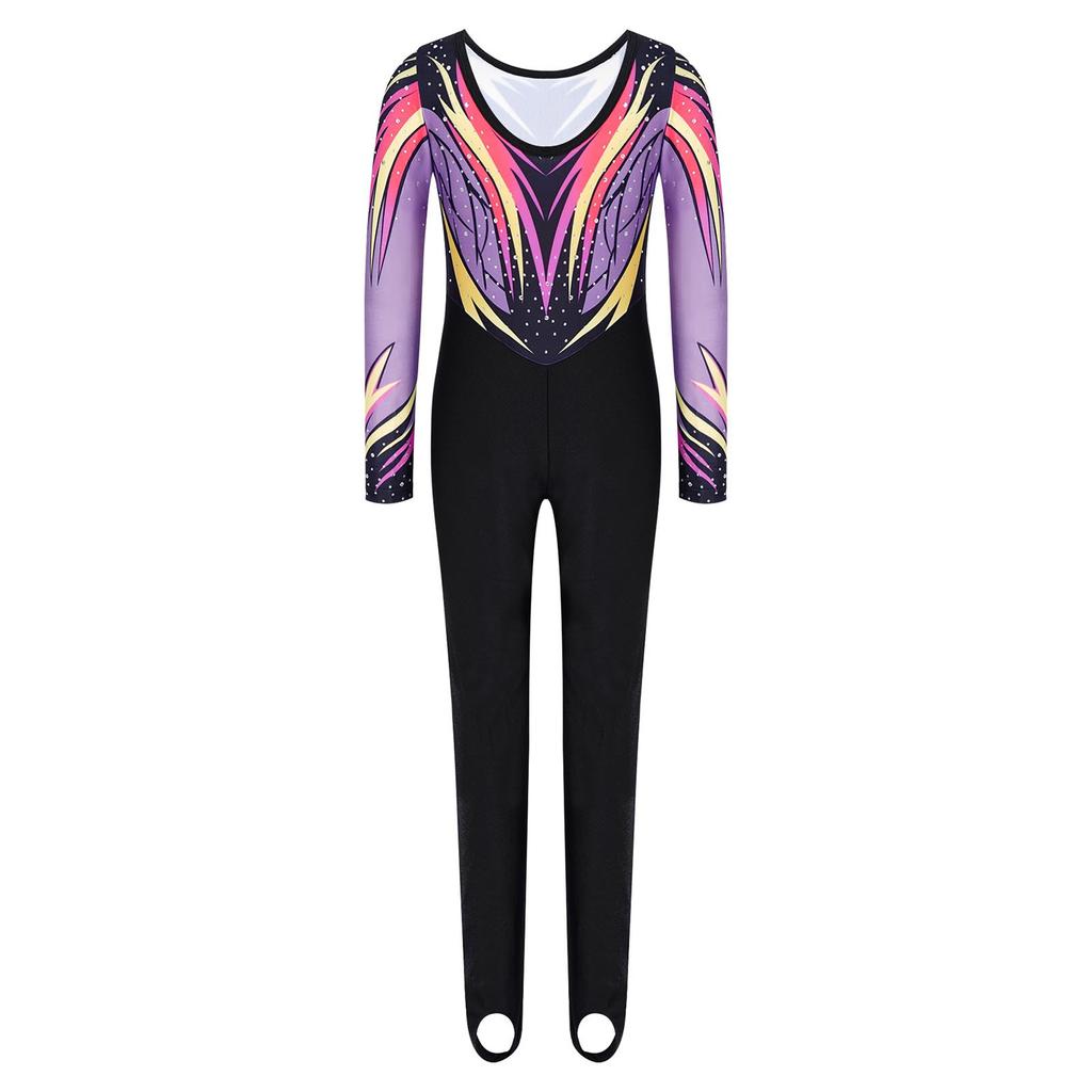 Mädchen Ganzkörper Strass-Leotard Rundhalsausschnitt Langarm Kontrastfarben-Print Steg-Jumpsuit für Gymnastikwettkampf Training