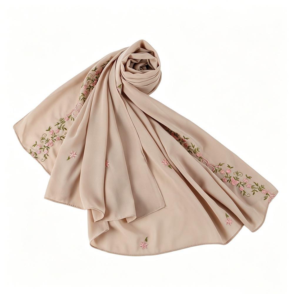 Embroidery Floral Headscarf Solid Color Flower Shawl Fashion Muslim Headscarf  Vacation